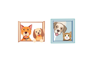 Adorable cats and dogs peeking through framed windows a beautiful silhouette