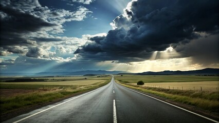 Naklejka premium Elongated road with open landscape, dark clouds, and bright light, creating dramatic contrast