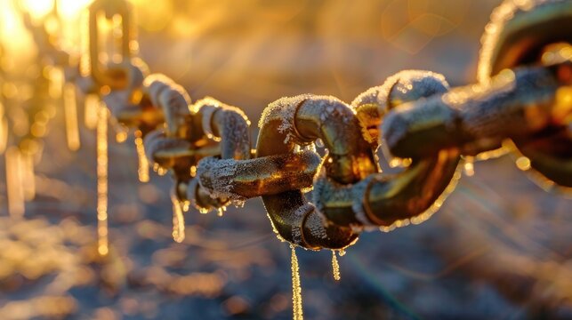Frosty Chain Links Glimmering in Morning Light with Drops of Water and Glorious Sunrise Background
