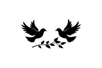 Two birds perched on a branch with leaves a striking silhouette