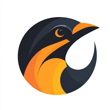 Minimalist penguin illustration in black, white, and orange circular icon