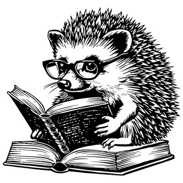 Cute Cartoon Hedgehog In Glasses Reading a Book. Vector Illustration.