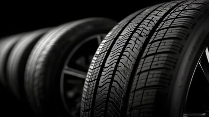 20Close-up shot of durable car tires, aligned in neat row, tread details sharp and textured, set against pure black studio backdrop for premium feel