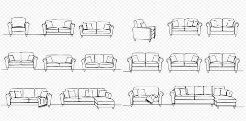 Hand-drawn sketch illustrations of various sofa and armchair furniture designs for interior planning.
