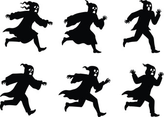 Running ghost monster silhouettes, spooky cartoon figures, creepy horned heads, scary undead characters, eerie Halloween artwork, dark horror design, haunted spirit illustration