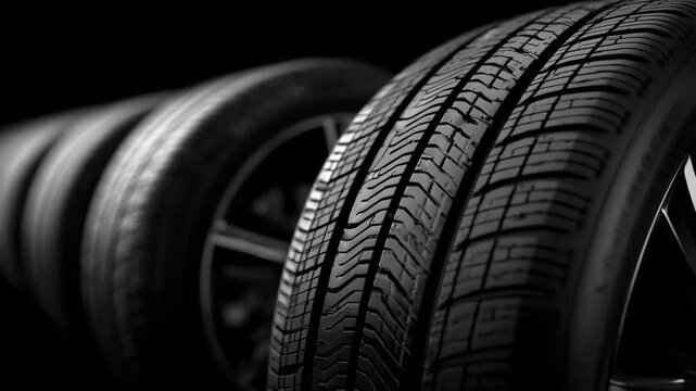 20Close-up shot of durable car tires, aligned in neat row, tread details sharp and textured, set against pure black studio backdrop for premium feel