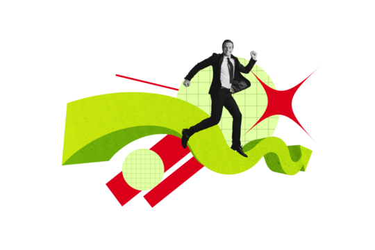 Composite photo collage of happy businessman run promotion arrow development office leader concept isolated on painted background