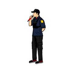 A man stands talking into a microphone, seen from the side vector illustration