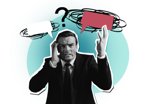 Composite photo collage of shocked panic businessman bubble speech hate problem text box communication isolated on painted background