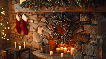 Warm and festive holiday scene featuring a rustic stone fireplace decorated with a Christmas wreath, garlands, stockings, and glowing candles. Cozy ambiance ideal for winter and Christmas themes.