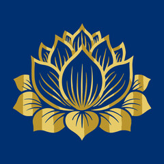Obraz premium Elegant Golden Lotus Flower Illustration on Dark Blue Background. Stylized Floral Design, Symbol of Spirituality, Purity, and Growth.