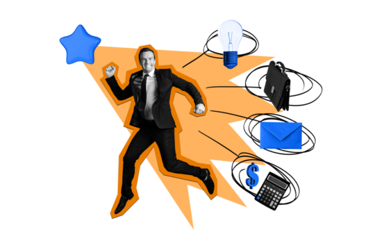 Composite trend artwork sketch image collage of business man achieve success star goal multitasking idea lamp project sms money count