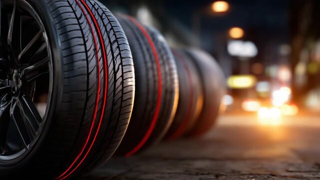 23Multiple automobile tires standing upright in row, glossy rubber surface and defined tread lines highlighted with dramatic directional lighting