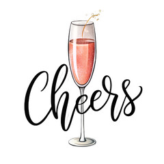 Bubbly pink drink in flute glass with celebratory text