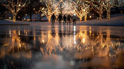Group of children ice skating on frozen pond with festive lights reflecting in winter evening