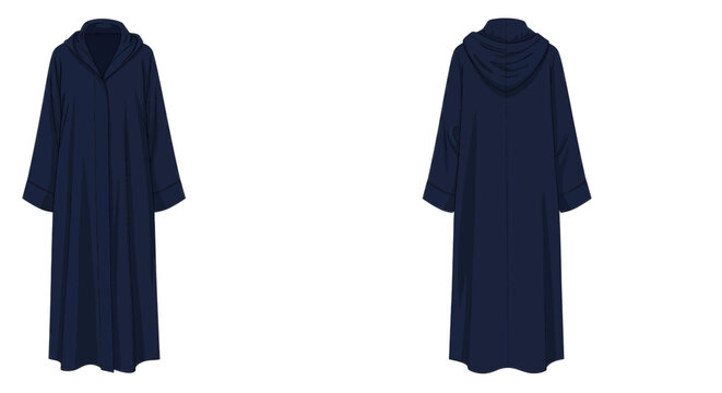 Navy blue hooded robe with open front and long sleeves, shown from front and back