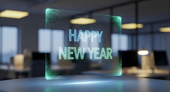 Happy New Year Neon Sign — Futuristic Corporate Greeting in Modern Office