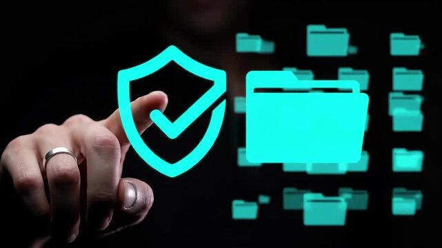 Finger pointing at digital security shield with data folders background