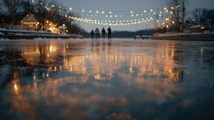 Group of friends skating on frozen lake with festive lights reflecting on ice surface