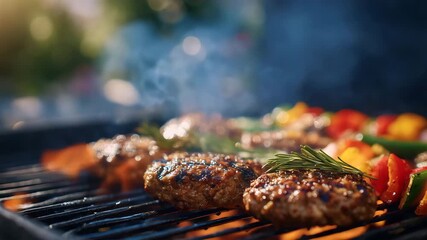 25Summer backyard barbecue, flames dancing under grill grate loaded with burgers and veggies, smoke blending with sunlight - Powered by Adobe