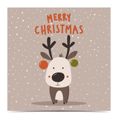 Merry Christmas - cute greeting card, postcard, invitation with an adorable reindeer on a snowy beige background with snowflakes, vector illustration