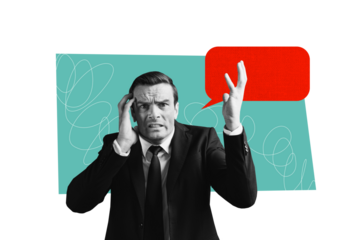 Composite photo collage of irritated businessman hold head workload problem bubble communication deadline isolated on painted background