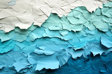 Fototapeta premium A textured abstract design composed of layers of torn paper, transitioning from light to deep teal blue.