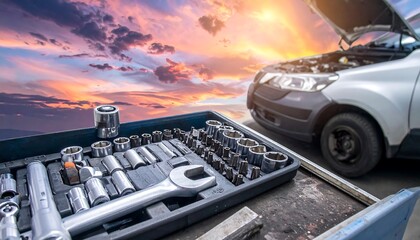 A toolbox of tools rests on a surface with a vehicle and open hood under a dramatic sky. The setting sun colors the clouds