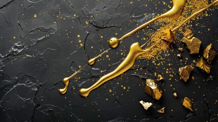 Elegant gold liquid drips on textured black surface with shiny golden rocks creating a luxurious abstract composition
