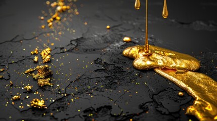 Glossy Gold Paint Draped on Dark Textured Surface with Drips and Glitter Highlights for Artistic Background