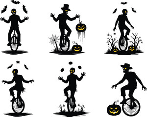 Six spooky unicycle rider silhouettes, halloween artwork with glowing jack-o’-lanterns, bats, cobwebs, haunted trees, eerie creepy spirit illustration design