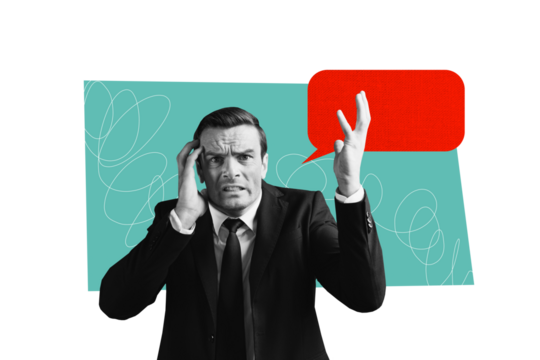 Composite photo collage of irritated businessman hold head workload problem bubble communication deadline isolated on painted background