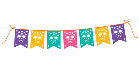 Day of the Dead Colorful Pennant Garland on Rope with Cut Out Sugar Skull Mexican Celebrations Decor