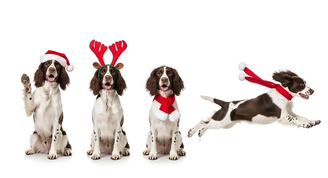 Adorable English Springer Spaniel dog in various Christmas holiday poses isolated on a white background.