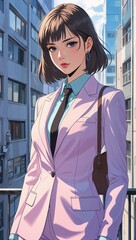 anime woman in urban pastel suit portrait character cartoon manga design illustration