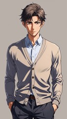 anime man in cardigan and slacks portrait character cartoon manga design illustration