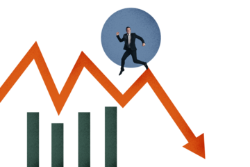 Composite photo collage of happy silly businessman run arrow decline chart recession work trouble fall isolated on painted background