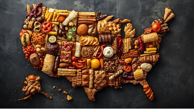 map of united states of america covered in food on black background, ai