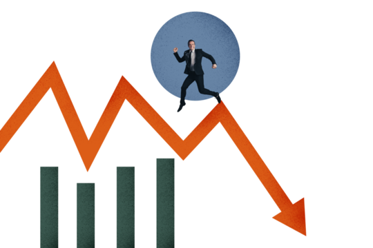Composite photo collage of happy silly businessman run arrow decline chart recession work trouble fall isolated on painted background