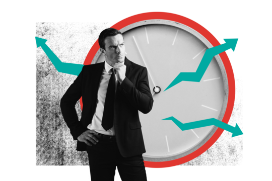 Composite trend artwork sketch image collage of business aim goal target success young man hand gesture think clock time deadline arrow