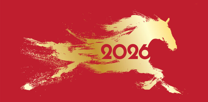 2026 year of the horse greeting design with golden brush strokes on red background for chinese lunar new year