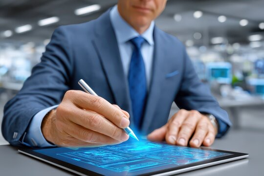 A businessman wearing suit using a stylus on digital tablet in office, displaying a futuristic blue screen technology and an interactive business plan.