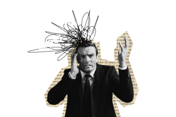 Composite trend artwork 3D sketch photo collage of silhouette text book page fragment aged man hand hold head burnout stress mess pressure