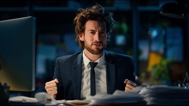 A frustrated businessman expresses his emotions in a chaotic office setting, surrounded by paperwork and staring at a computer screen.