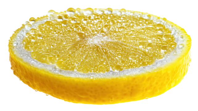 A Fresh Lemon Slice with Bubbles on a Pure White Background, creating a vibrant visual