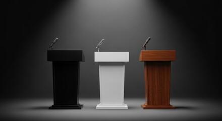 Three podiums with microphones arranged for a presentation or debate on a dark stage.