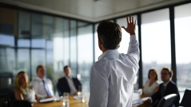 Conference presenter raising hand addressing business team modern glass office with city view, executive speaking to seated colleagues conveying confident leadership and strategic planning energy