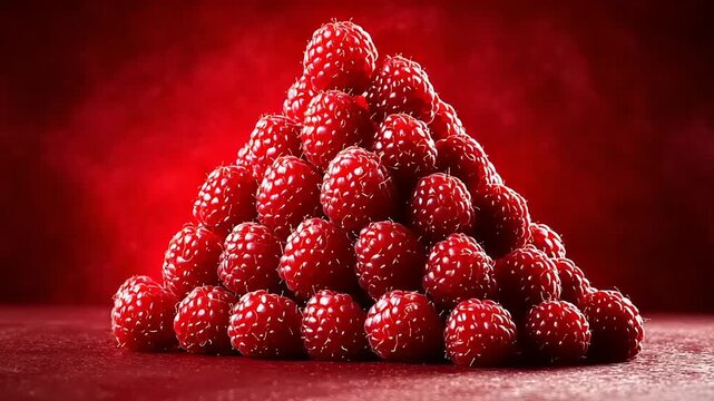 A pyramid of ripe, red raspberries forms a vibrant still life.