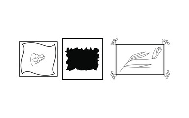 Three decorative frames with artistic illustrations and a black ink splash isolated on white background