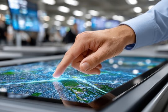 A man's hand touching a large digital tablet displaying a city map with glowing lines representing the city's network and infrastructure systems management.